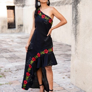 One Shoulder Floral Ruffle Dress. Hand Embroidered Dress. Red Flowers Dress. Mexican Embroidered Dress. Mexican Fiesta Dress. Holiday Dress.