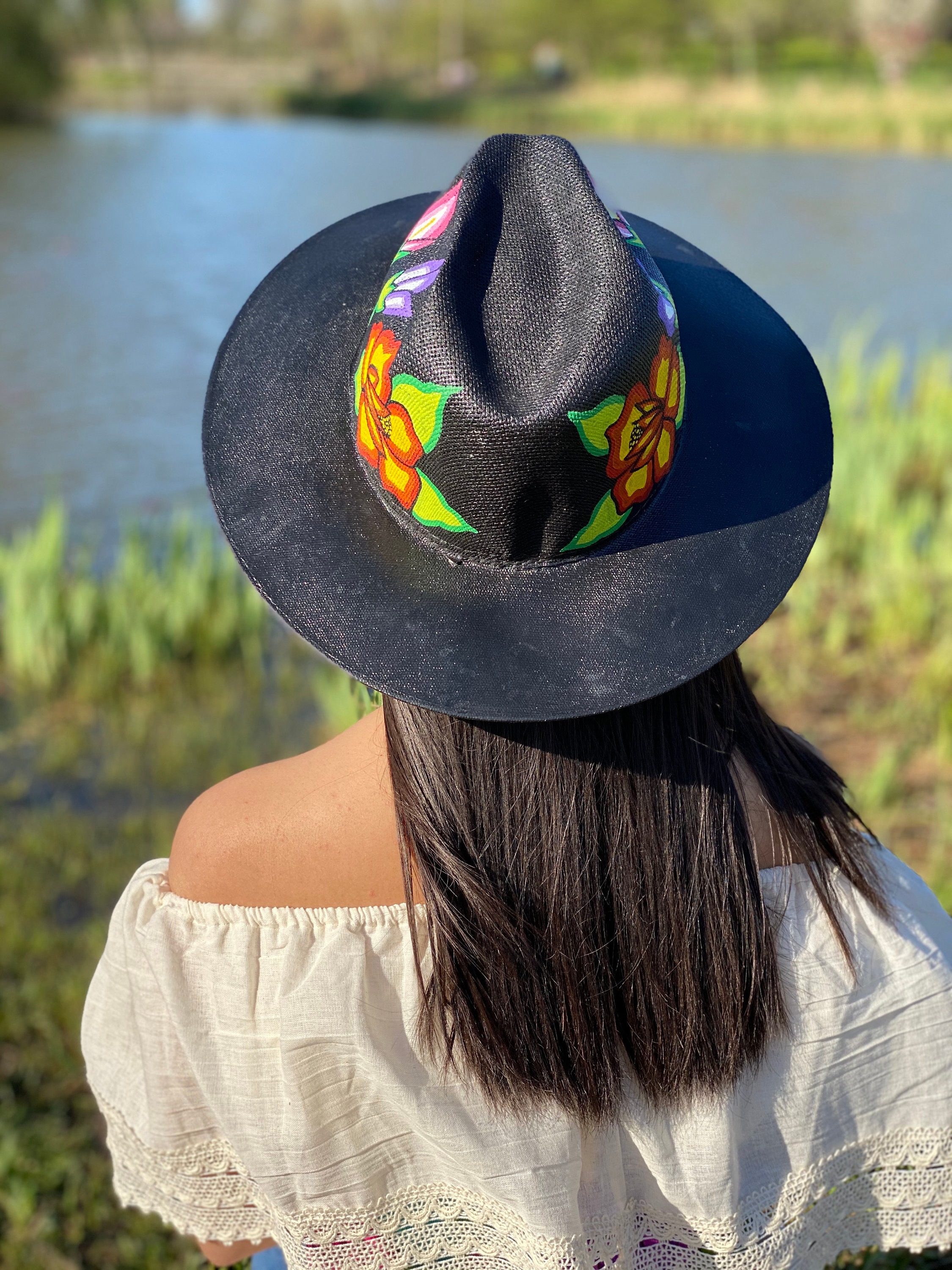 MEXICAN Artisanal Hat Hand Painted Fedora Sunflower Sombrero Panama Medium Black Hand-painted Fedora Hat, Colorful Floral Mexican Sombrero - Etsy main image 4
