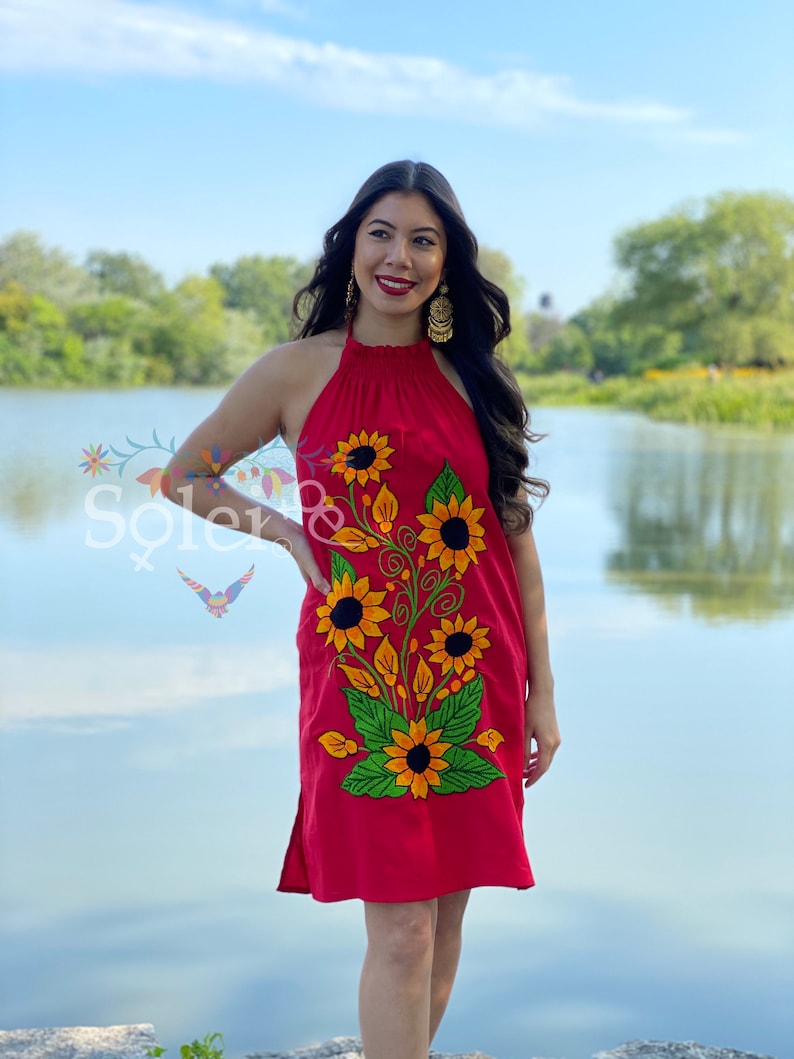 Mexican Floral Halter Dress Artisanal Mexican Dress Authentic Mexican Dress Sunflower Embroidered Dress Mexican Fiesta Boho-Hippie.
