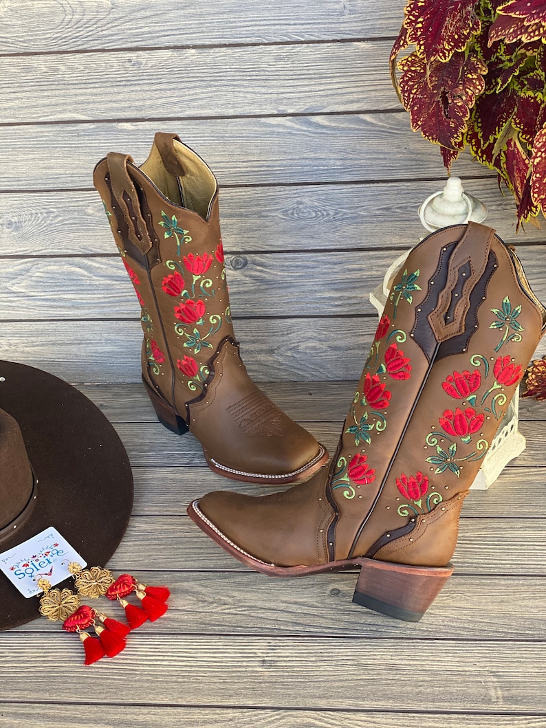 Women's Mexican Boot. Handmade Leather Floral Embroidered Etsy