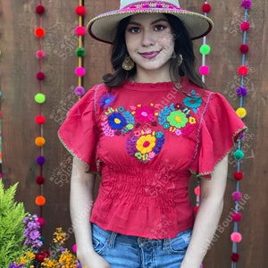 Floral Flounce Sleeve Top. Mexican Hand Embroidered Floral - Etsy