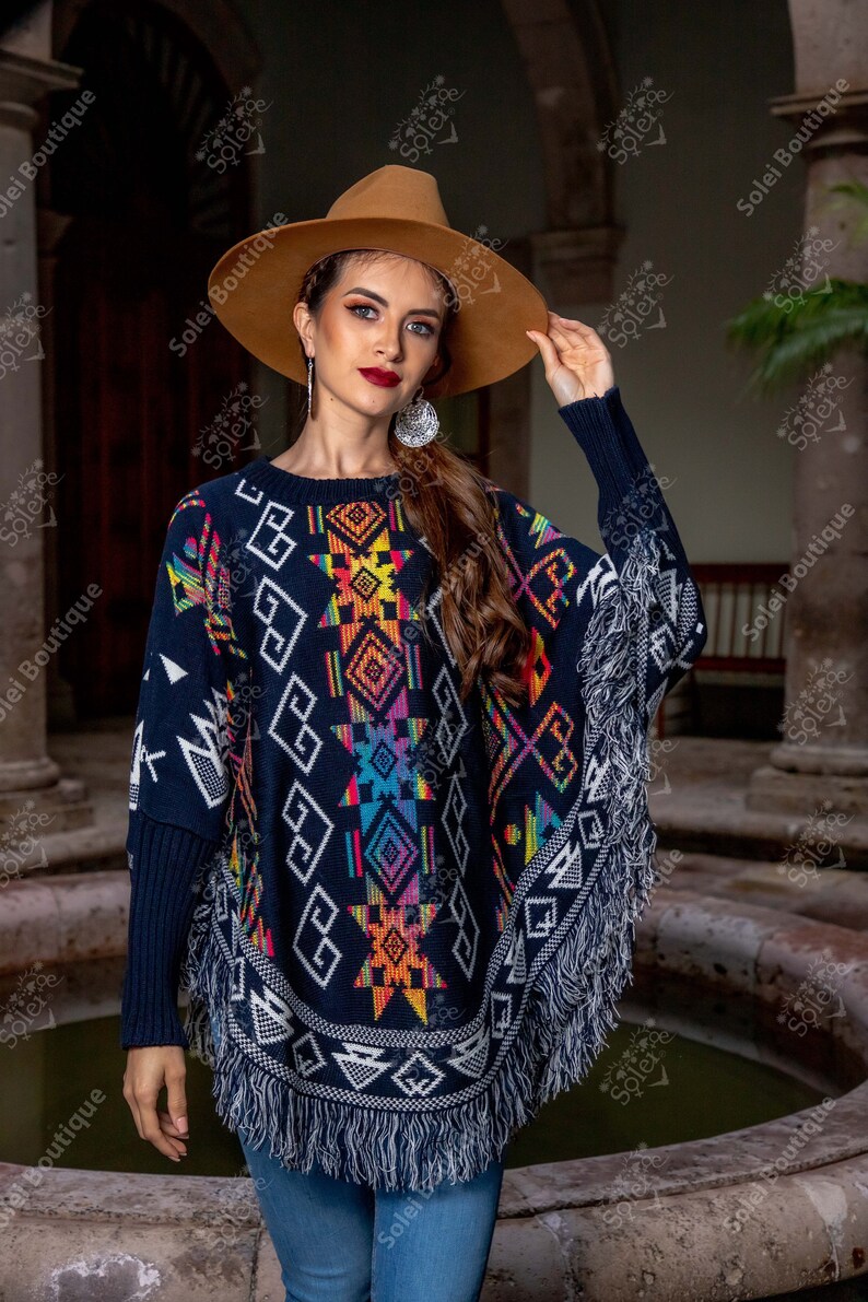 Artisanal Mexican Poncho 92% Acylic, 8% Polyester Black/Red  603831 main image 1