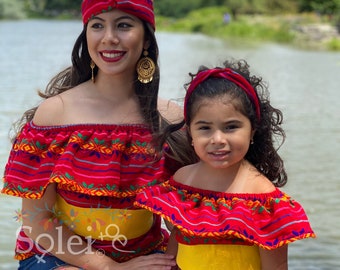 Mommy and Me Mexican Blouse. Multicolor Mexican Blouse. Traditional Mexican Top. Matching Off the Shoulder Tops with Turban Headband.Mini Me