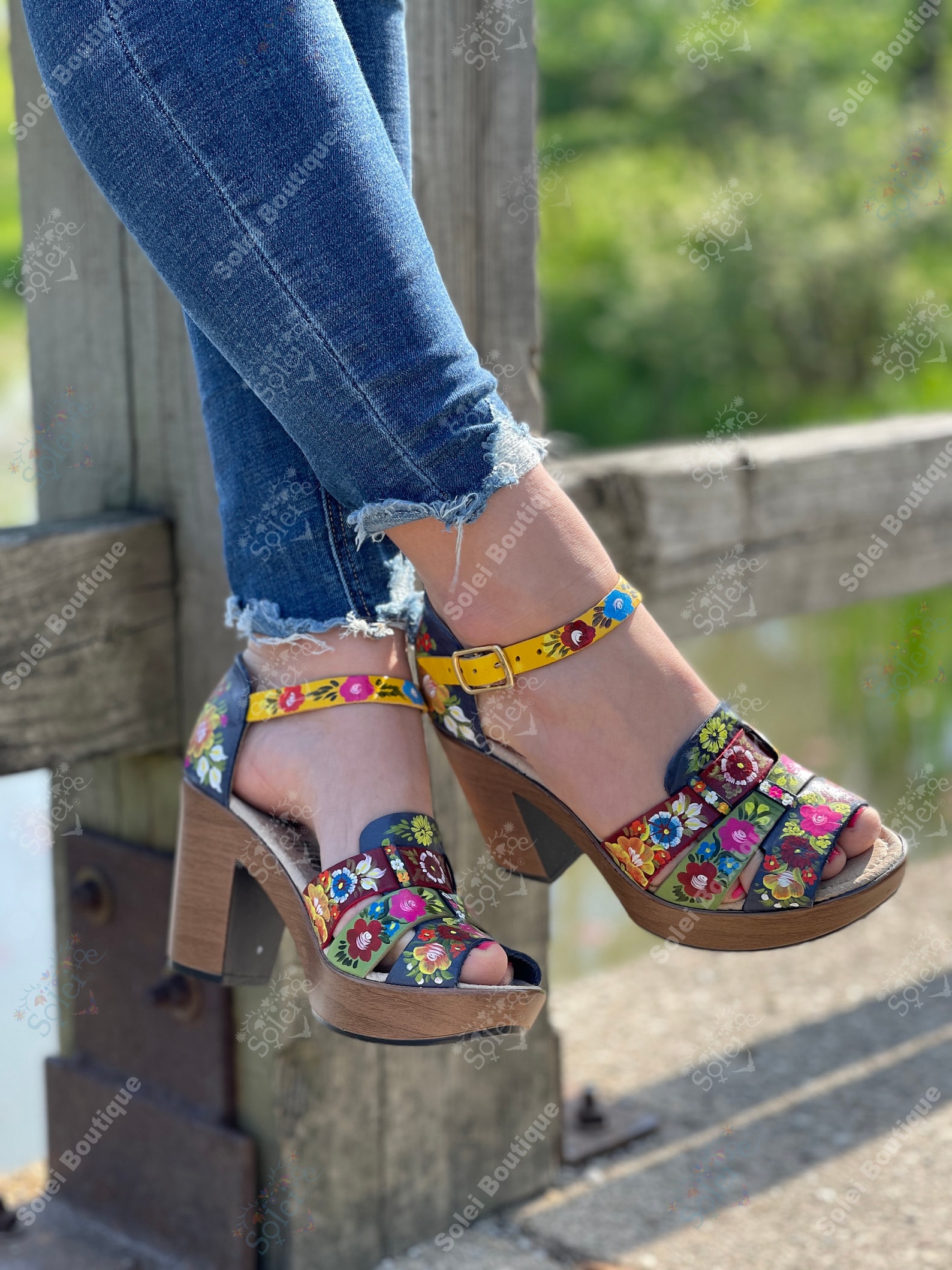 Hand Painted Mexican Leather Heels. Premium Mexican Block | Etsy