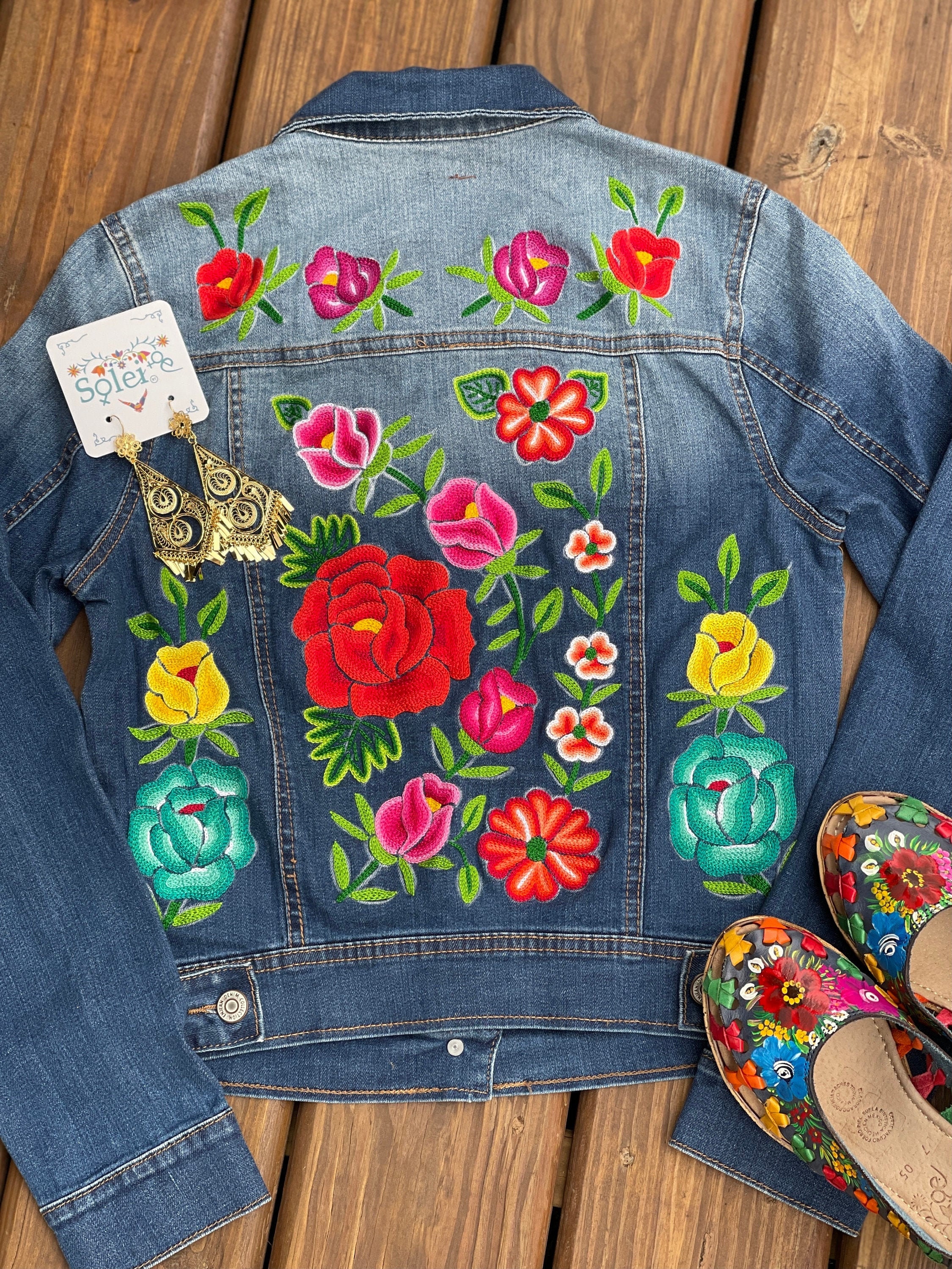 SoleiEthnic Mexican Floral Embroidered Jeans Jacket. Mexican Artisanal Denim Jacket. Embroidered Jeans Jacket. Mexican Jacket.