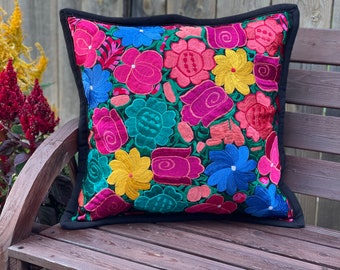 Floral Embroidered Pillow Cover. Ethnic Decorative Throw Pillow. Mexican Floral Cushion Cover. Pillow Cover. Mexican Cushion Cover.