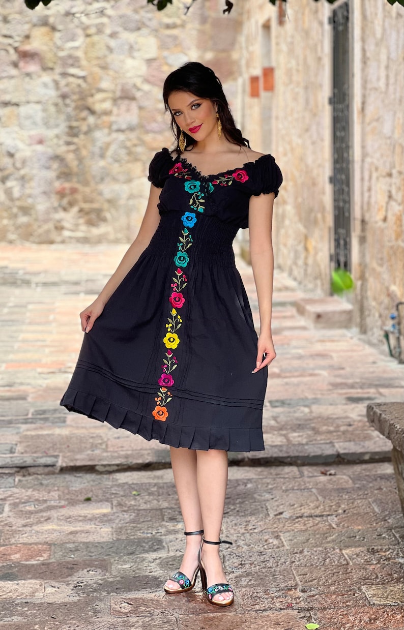 Floral Plunge Dress. Hand Embroidered Dress. Size S - 2X. Mexican Embroidered Dress. Mexican Fiesta Dress. 