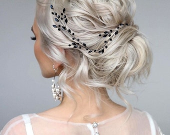 Brautkranz schwarz | Kristall Hochzeit Haarteil | Elegantes schwarzes Headpiece