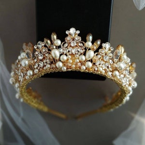 Wedding headband Pearl tiara Bridal tiara set Gold crown headband Bridal crown Wedding crown for women Gold tiara Gold headpiece Pearl crown