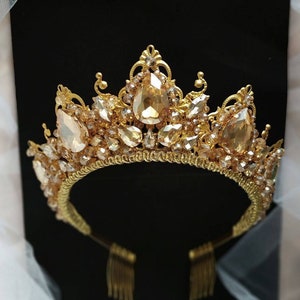Gold Krone Champagner Diadem Gold Diadem Kristall Krone Brautkrone Hochzeit Krone Gold Kopfschmuck Gold Braut Diadem Gold Krone Stirnband
