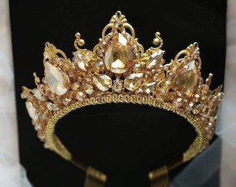 Coroa de noiva dourada | Tiara dourada champanhe | Acessório de cabelo de casamento com cristais