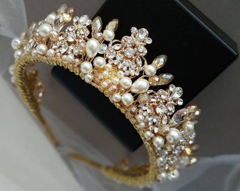 Elegante parel tiara Gouden kroon hoofdband Bruiloft hoofdband Bruidskroon Bruiloft kronen voor vrouwen Gouden tiara Gouden hoofddeksel Parelkroon