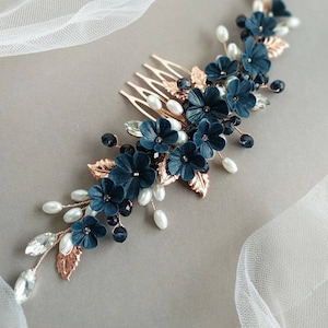 Navy blue hair comb Navy blue jewelry Navy hair accessory Navy blue earrings something Blue hair combs Floral hair comb Bridal hair piece