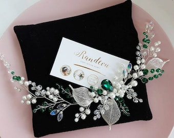 Tocado de esmeralda Tiara de esmeralda Peine de pelo de esmeralda Accesorios para el cabello de boda Joyas de pelo de esmeralda Enredadera de pelo verde Enredadera de pelo de esmeralda