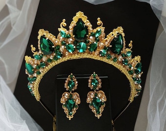Emerald gold tiara | Bridal green crown | Wedding headpiece