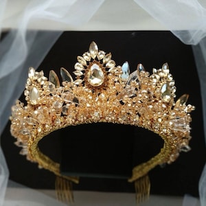 High gold crown Champagne tiara Gold tiara Wedding tiara Bridal tiara Quinceañera crown Bridal crown Wedding crown Gold headpiece