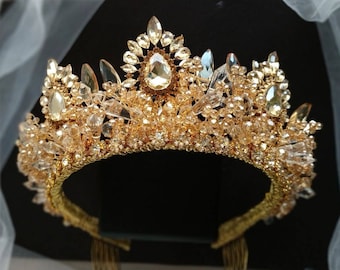 Haute couronne d'or Diadème de champagne Diadème d'or Diadème de mariage Diadème de mariée Couronne de Quinceañera Couronne de mariée Couronne de mariage Casque d'or