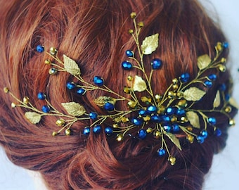 Gold and blue hair comb Decorative hair comb Gold leaf hair vine Blue hair combs Blue hair vine Gold leaf hair piece Gold leaf hair comb