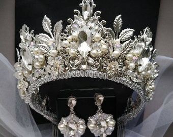 Bridal tiara set Wedding tiara bridal headband Wedding headband Pearl tiara Bridal crown Wedding crown Tiaras and crowns Leaf crown pearl