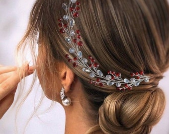 Red bridal hair vine | Handmade crystal headpiece | Wedding hair accessory