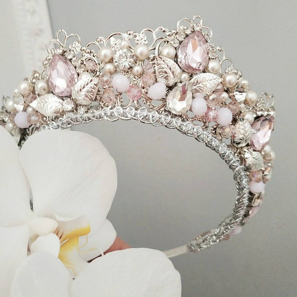 Light pink tiara Bridal headband Wedding tiara Bridal tiara Quinceanera tiara Princess tiara Pink crown Flower girl tiara Pink opal tiara