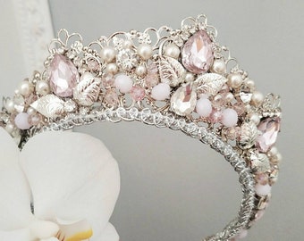 Light pink tiara Bridal headband Wedding tiara Bridal tiara Quinceanera tiara Princess tiara Pink crown Flower girl tiara Pink opal tiara
