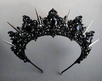 Schwarze Krone ANY COLOR STRASS Gothic Krone Spike Krone Schwarze Tiara mit Metallspikes Schwarze Halo Krone Schwarze Hochzeitskrone