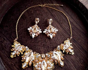 Gold Bridal Necklace and Earrings Set | Champagne Rhinestone Wedding Jewelry