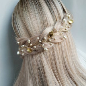 Simple gold leaf hair vine pearl hair vine Bridal hair vine Ivory hair piece Gold hair vine Gold leaf hair piece Wedding hair piece pearl