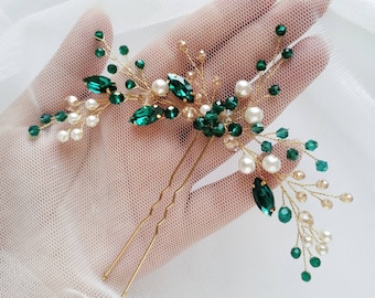Emerald hair pin with pearl Emerald hair piece Green hair clip Green hair accessory Emerald headpiece Wedding hair piece Wedding hair pins