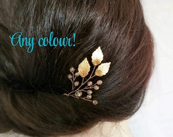 Gold Leaf Bridal Hair Pin | Crystal Wedding Hair Accessory