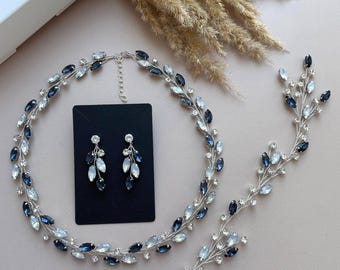Navy Blue & White Opal Crystal Bridal Jewelry Set | Wedding hair accessory