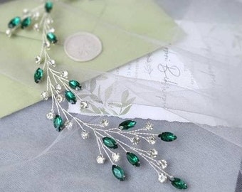 Copricapo da sposa per la sposa Vite per capelli da sposa Pezzo di capelli di smeraldo Pezzi di capelli da sposa Copricapo di cristallo Copricapo di smeraldo Pezzo di capelli verde