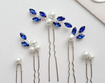 Blue hair pin Wedding hair pins Something blue hair accessories Pearl hair pins Bridal hair piece Bridesmaid hair pin Navy blue hair pins