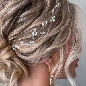 Può includere: Una donna con i capelli biondi raccolti in uno chignon morbido con un accessorio per capelli a forma di vite argentata. La vite per capelli è decorata con piccoli cristalli trasparenti che assomigliano a foglie. La donna indossa orecchini lunghi e pendenti.