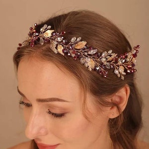 Red hair vine Deep red hair vine hair vine wedding Red hair piece Boho hair vine Gold Leaf hair vine Crystal headband Bridal hair vine