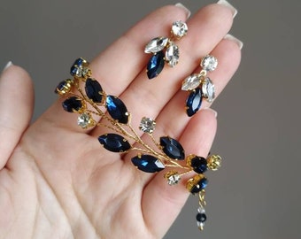 Bracciale blu navy misura personalizzata Bracciale di cristallo Bracciale blu reale Set di gioielli blu reale Bracciale da sposa Bracciale blu cristallo
