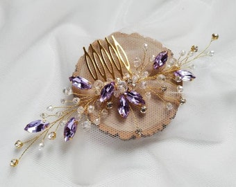 Large Purple Gold Leaf Fuchsia Pink Rose Flower Hair Comb Vintage Headpiece 1514