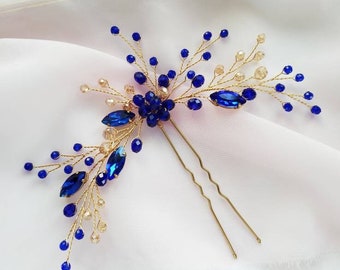 Blue and gold hair pin Navy blue hair pins Blue hair pins Crystal decorative hair pins Bridal hair pins Something blue hair accessories