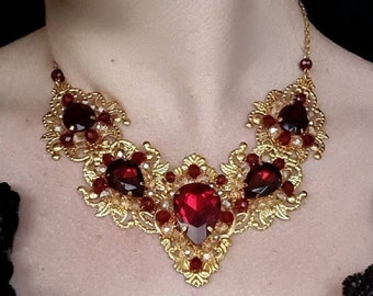 Red and gold jewelry set Red necklace Red earrings and bracelet Red and gold necklace Ruby necklace Red crystal necklace Gothic necklace