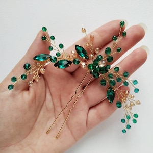 Emerald and gold hair pin Emerald hair pin Emerald hair piece Emerald green wedding hair pins Green hair clip Emerald headpiece for bride