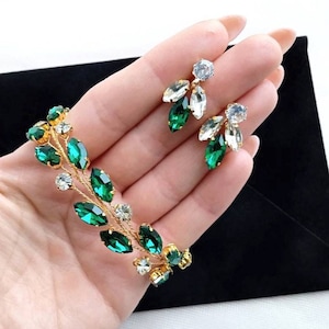 Bracciale verde smeraldo misura personalizzata Bracciale di cristallo Bracciale smeraldo Set di gioielli in cristallo smeraldo Bracciale verde Bracciale verde da sposa