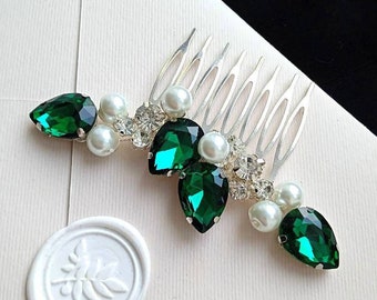 Peigne émeraude avec perle Postiche émeraude Peigne vert Peigne de demoiselle d'honneur Bandeau émeraude perle Accessoires cheveux émeraude