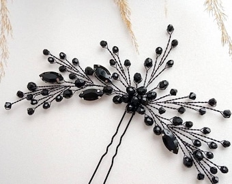 Black Feather Crystal Brooch  Pin/ or Feather hair clip, Handmade Custom Gold Black Feather Hair Clip, Gold Peacock Hair Clip, 1920s  main image 4
