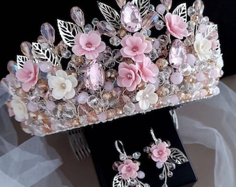 Handgefertigte Rosa Blumen Braut Tiara | Blumenkrone Hochzeit | Blush Stirnband