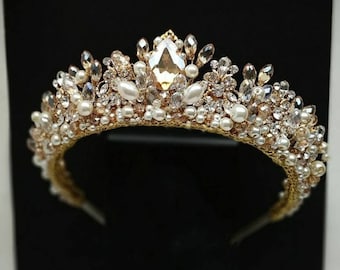 Diadème de perles pour les mariées Couronne d'or Bandeau de perles Diadème d'or Couronne de perles Ensemble de diadème de mariée Casque d'or Couronne de mariage Couronne de mariée en or