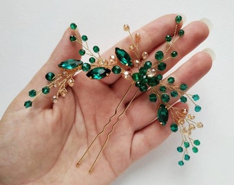 Emerald and gold hair pin Emerald hair pin Emerald hair piece Emerald green wedding hair pins Green hair clip Emerald headpiece for bride