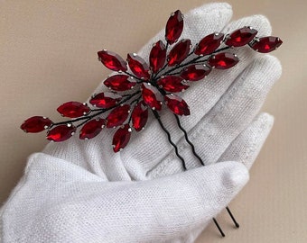 Red Crystal Bridal Hair Pin | Dark Wedding Headpiece