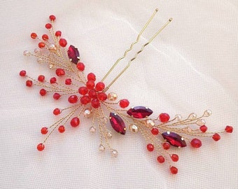 Red bridal hair pin | Crystal hair accessory | Wedding headpiece