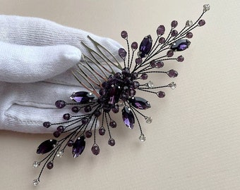 Dark purple hair comb Purple and black hair comb Amethyst hair comb Purple hair accessories Purple and black hair piece Crystal hair comb